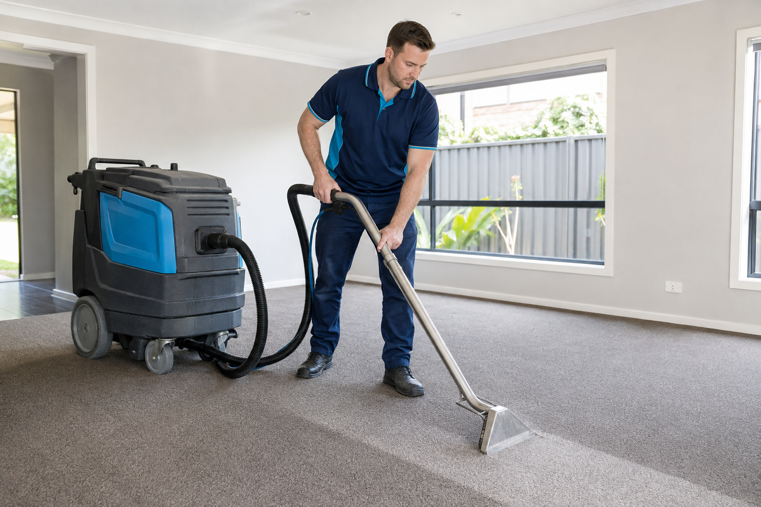 Commercial carpet steam cleaning machine in use